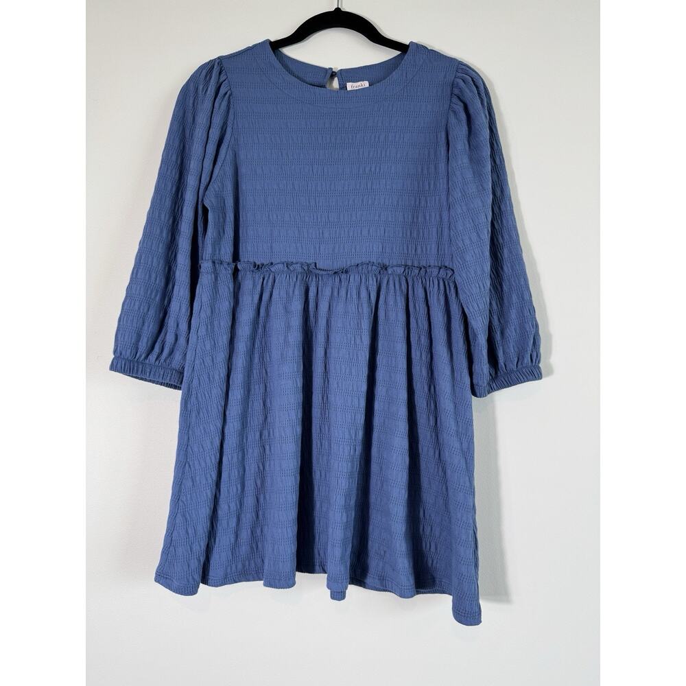 Franki by Francesca's Blue Solid Dress Round Neck Button Balloon 3/4 L Delicate